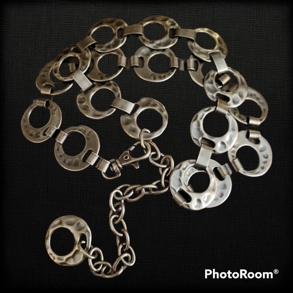 Vintage Accessories - Vtg Gunmetal Hammered Circle Chain Link Disco Grunge Punk Moto Belt